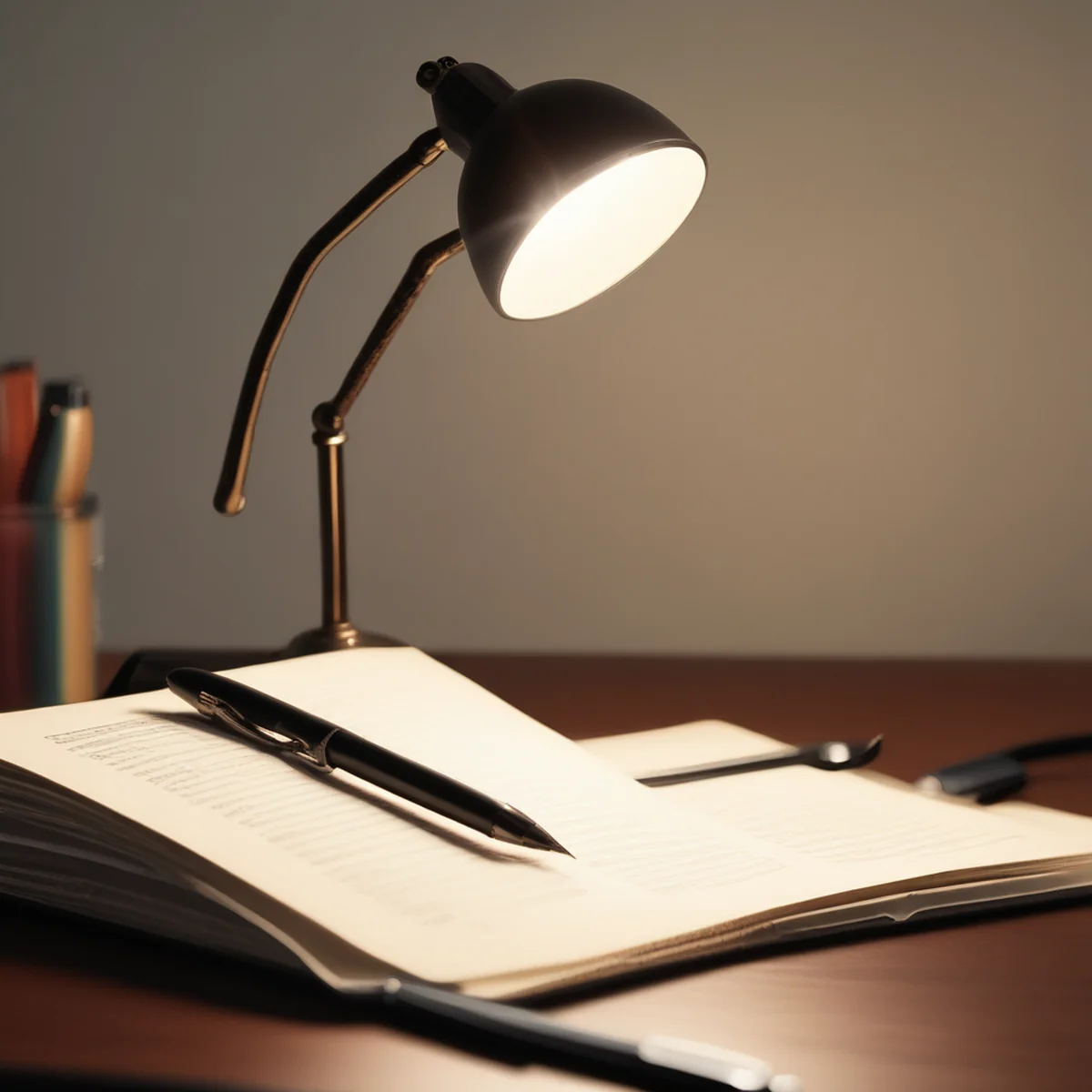 A desk lamp casting bright light onto an open notebook on a desk