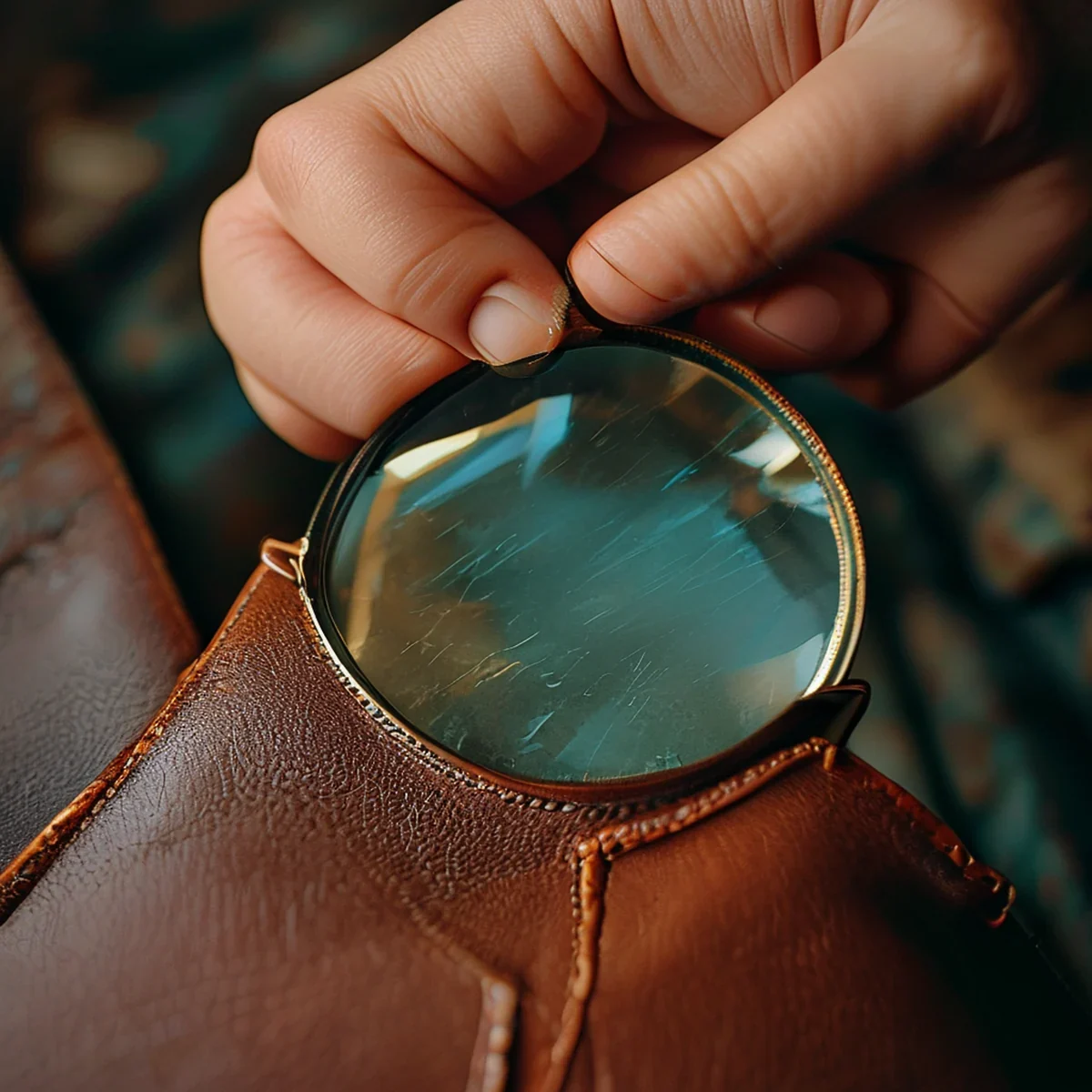 A person holding a magnifying glass over the stitching of a leather bag