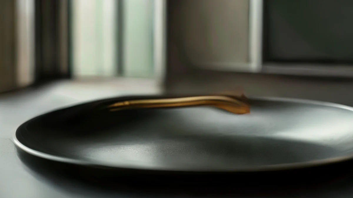 A brass stem, dark green with polished surface, resting on matte black plate under soft window light, shallow depth of field, photorealistic, sharp focus, high detail
