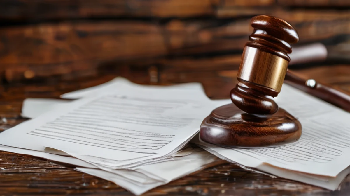 Gavel en bois et documents légaux sur une table.